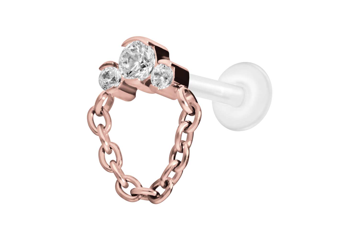 PTFE Labret Piercing mit Innengewinde + Titan-Aufsatz 3 EINGEFASSTE KRISTALLE + KETTE